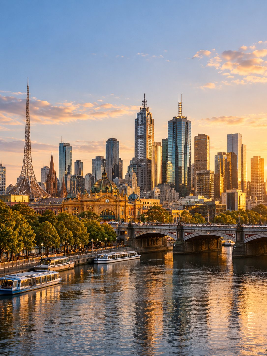 Melbourne skyline over the Yarra River at sunset