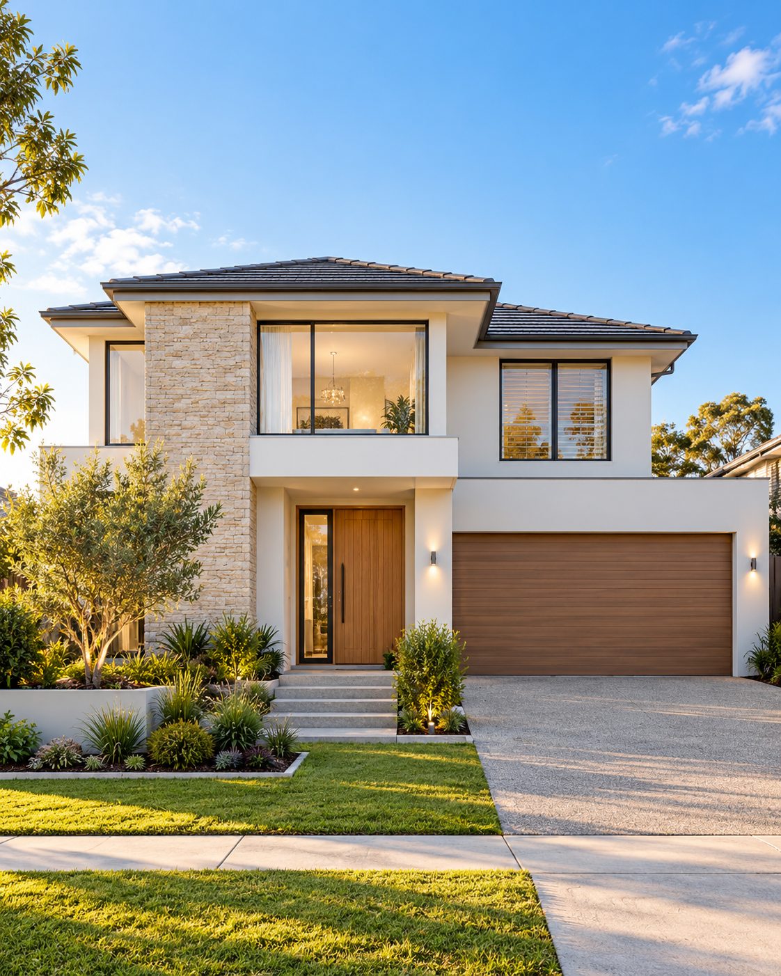 Contemporary Australian new-build home at golden hour