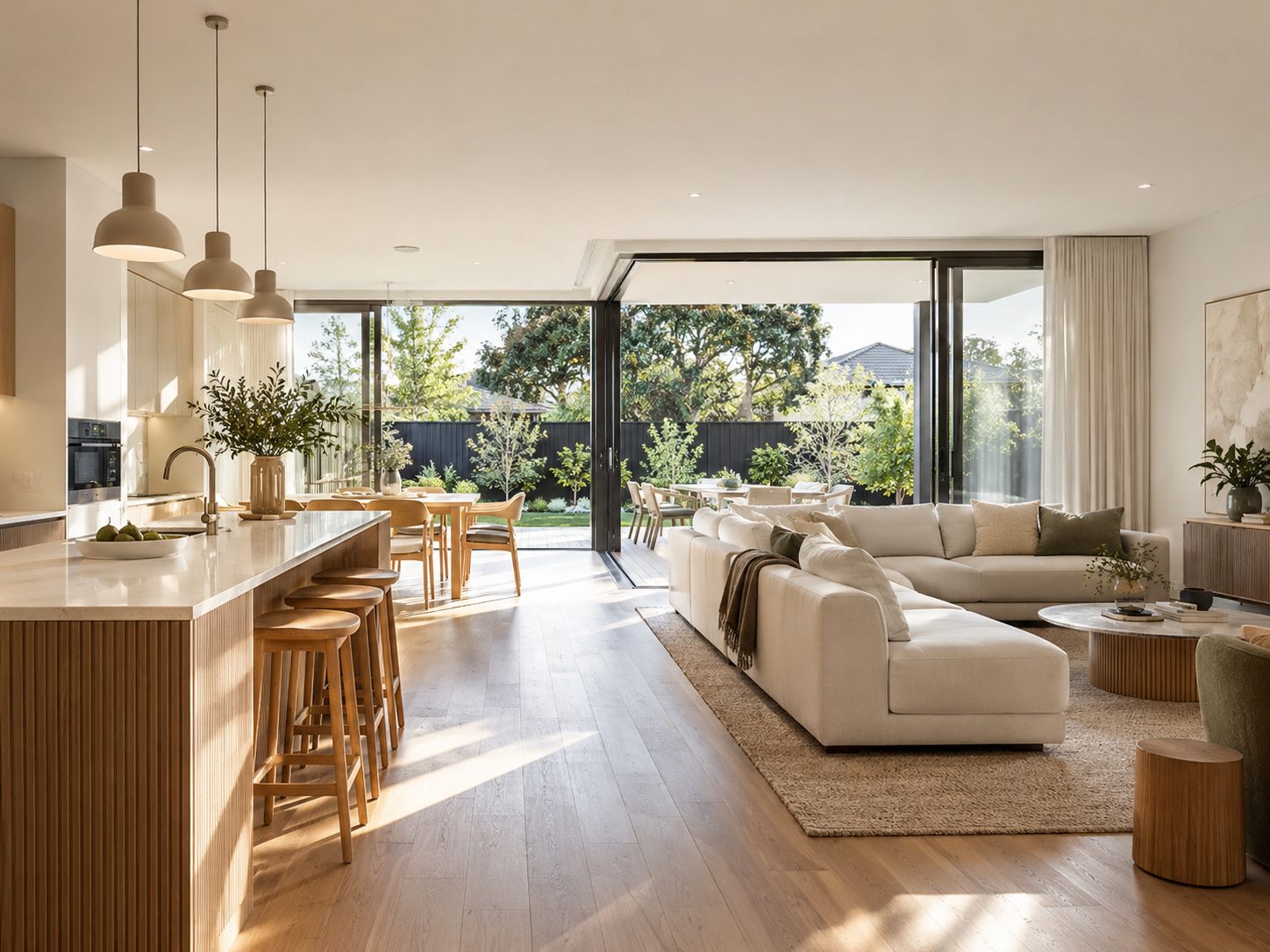 Bright open-plan living area in a modern new home