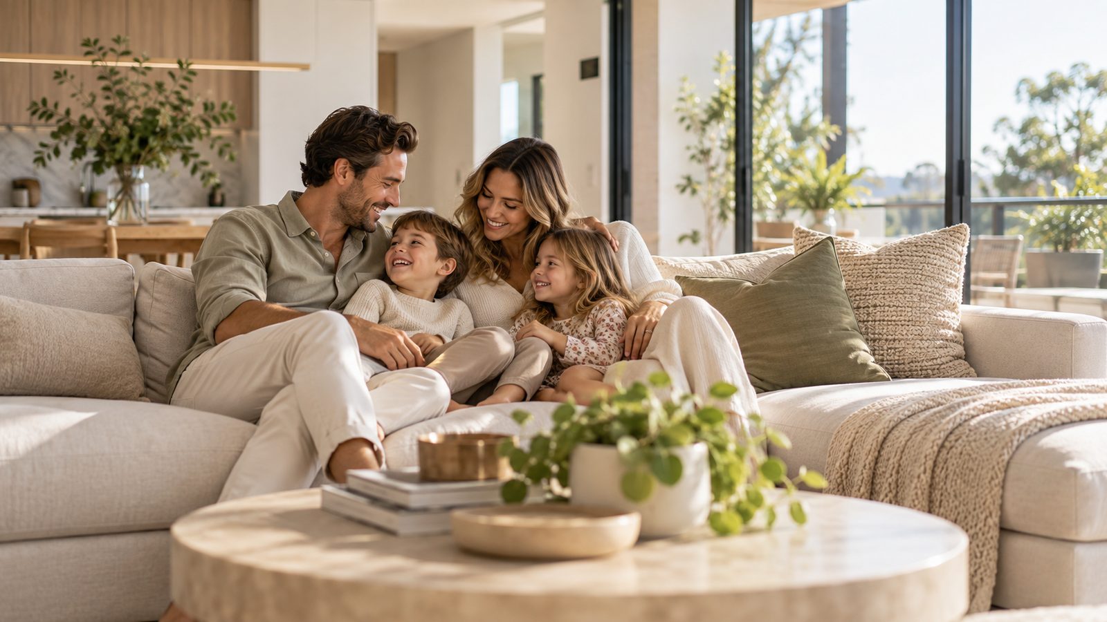Family relaxing in a modern new-build home